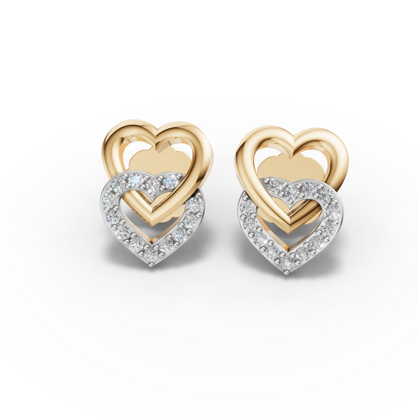 Dual Heart Gold and Diamond Stud Earrings